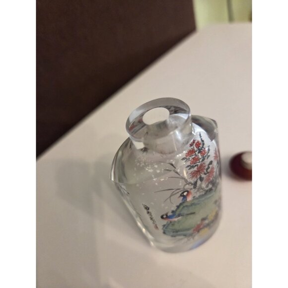 Vtg Chinese Reverse Painted Snuff Bottle Stopper Birds Flowers Cherry Blossoms - Picture 9 of 15